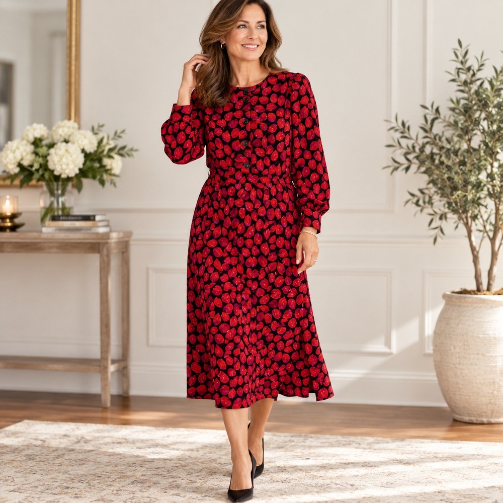 Who What Wear Midi Dress Red Pink Leaf Print Button Front Balloon Sleeve Size XS